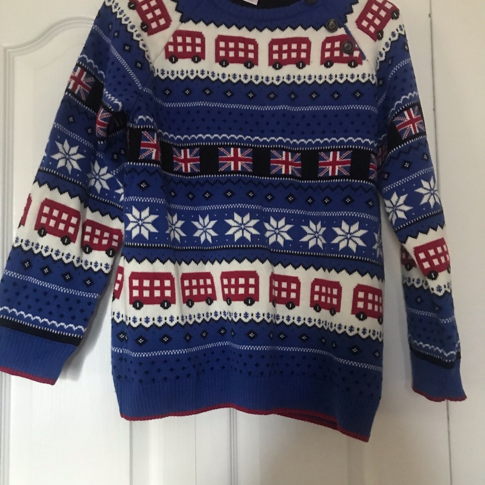 Gymboree Blue Union Jack & Bus Pattern Boys Sweater NWOT Size 12